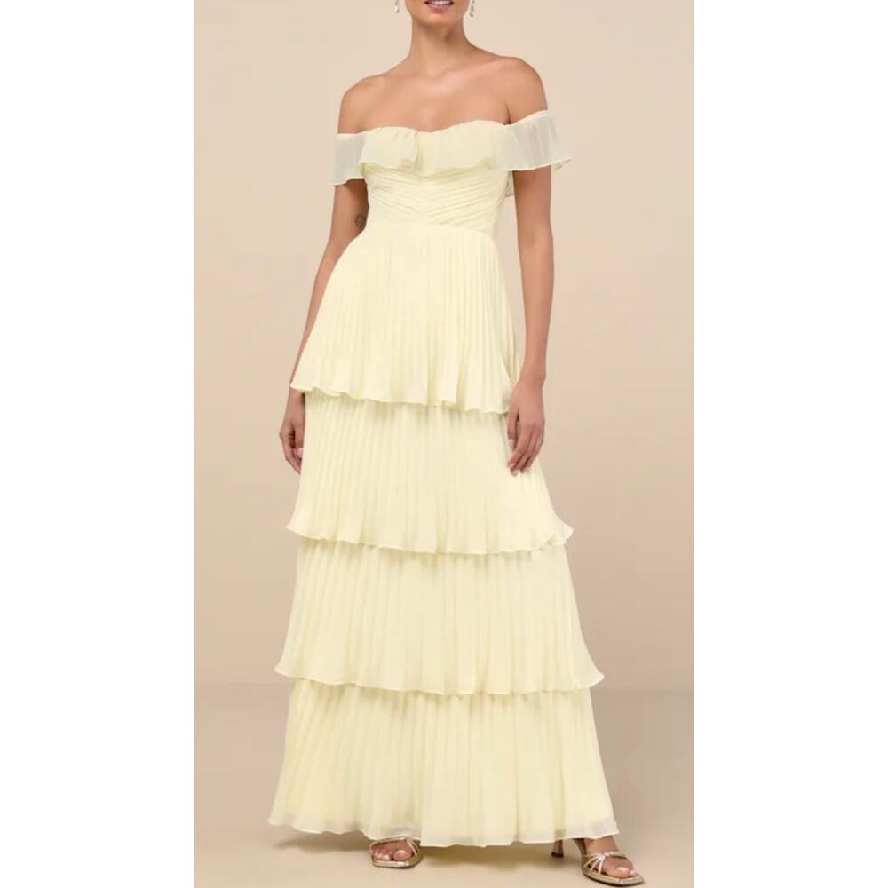 Lulus Pale Yellow Off Shoulder Maxi Dress Tiered Ruffle Size M NWT